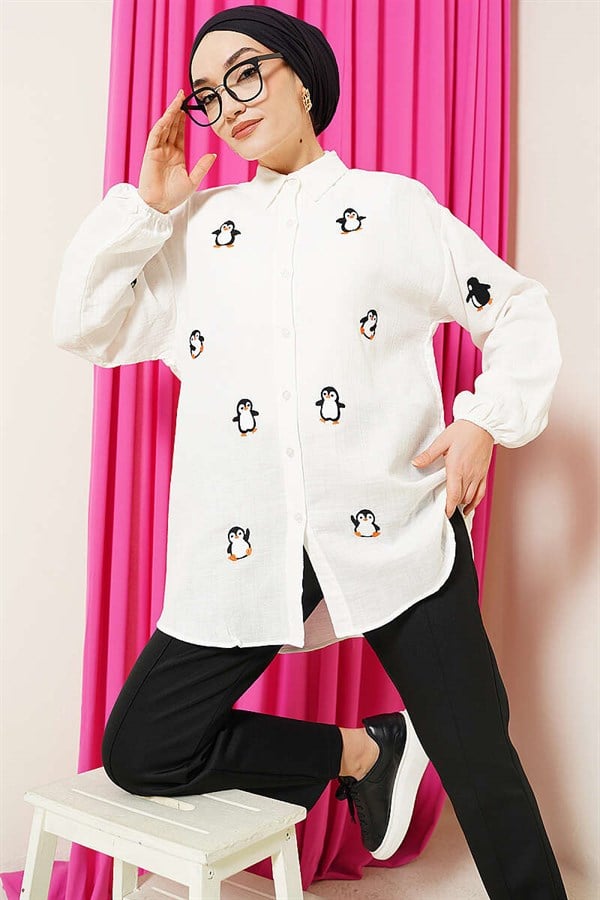 Penguin Embroidered Muslin Shirt, Ecru