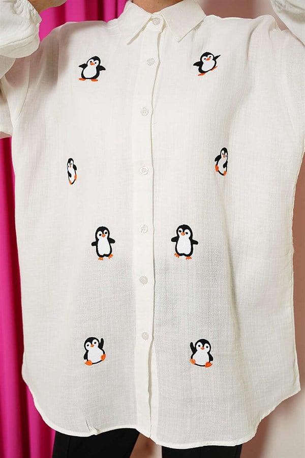 Penguin Embroidered Muslin Shirt, Ecru