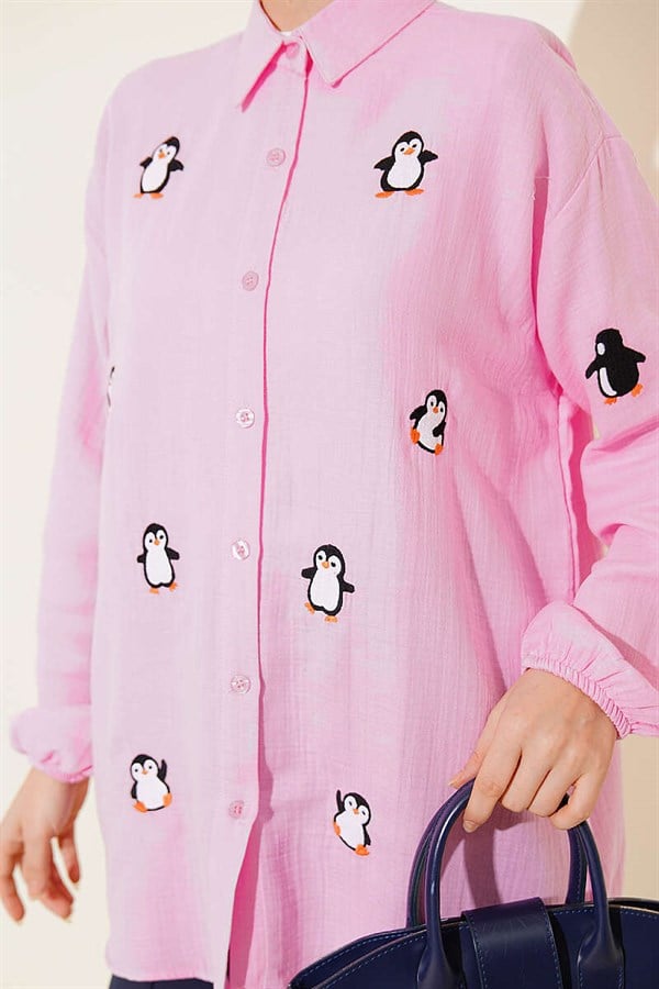 Penguin Embroidered Muslin Shirt Pink