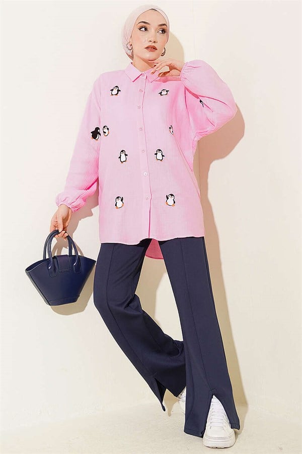 Penguin Embroidered Muslin Shirt Pink