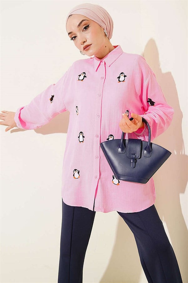 Penguin Embroidered Muslin Shirt Pink