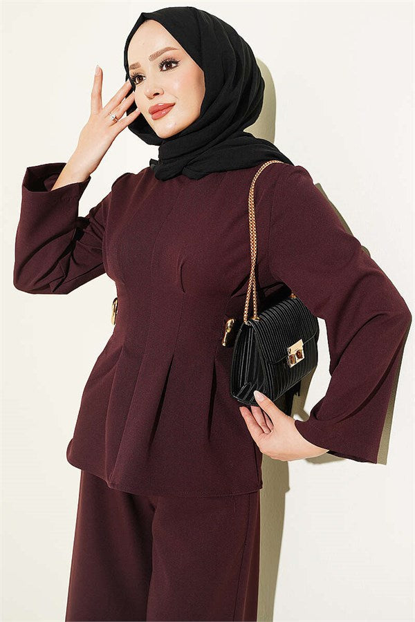 Pens Detailed Two-Piece Set with Gold Buckle, Plum