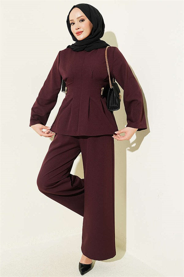 Pens Detailed Two-Piece Set with Gold Buckle, Plum