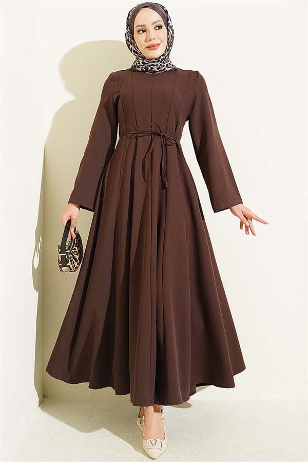 Dart Detail Lace-Up Dress, Brown