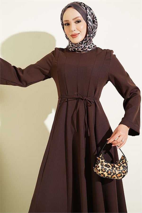 Dart Detail Lace-Up Dress, Brown