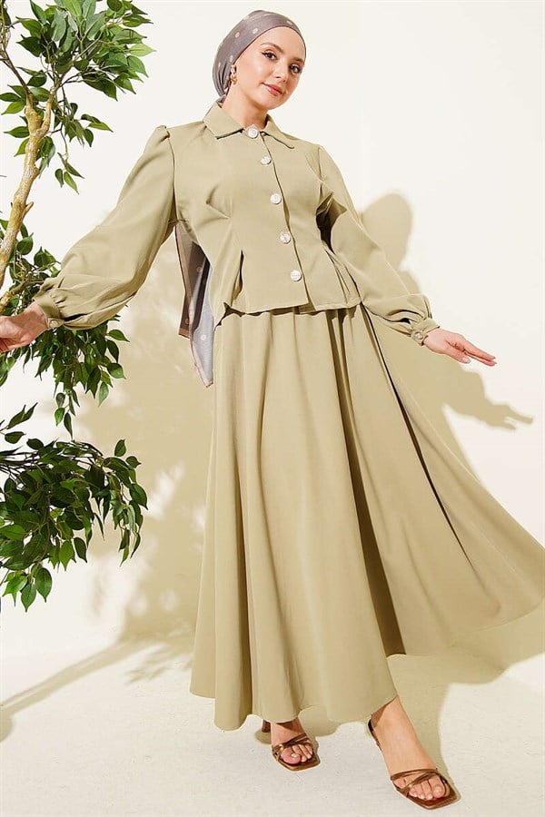 Dart Detail Belted Double Skirt 2 Piece Set in Light Green