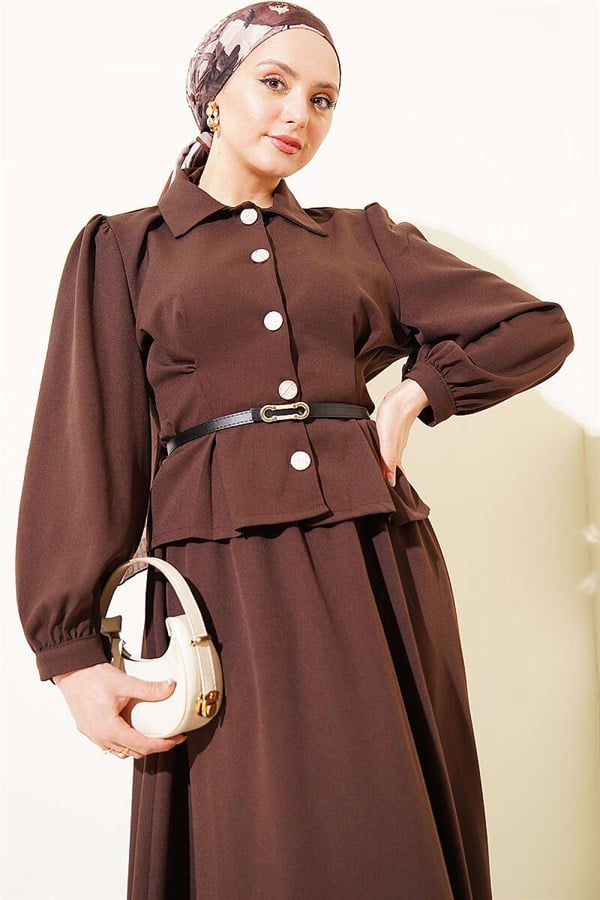 Dart Detail Belted Double Skirt 2 Piece Set in Coffee Brown