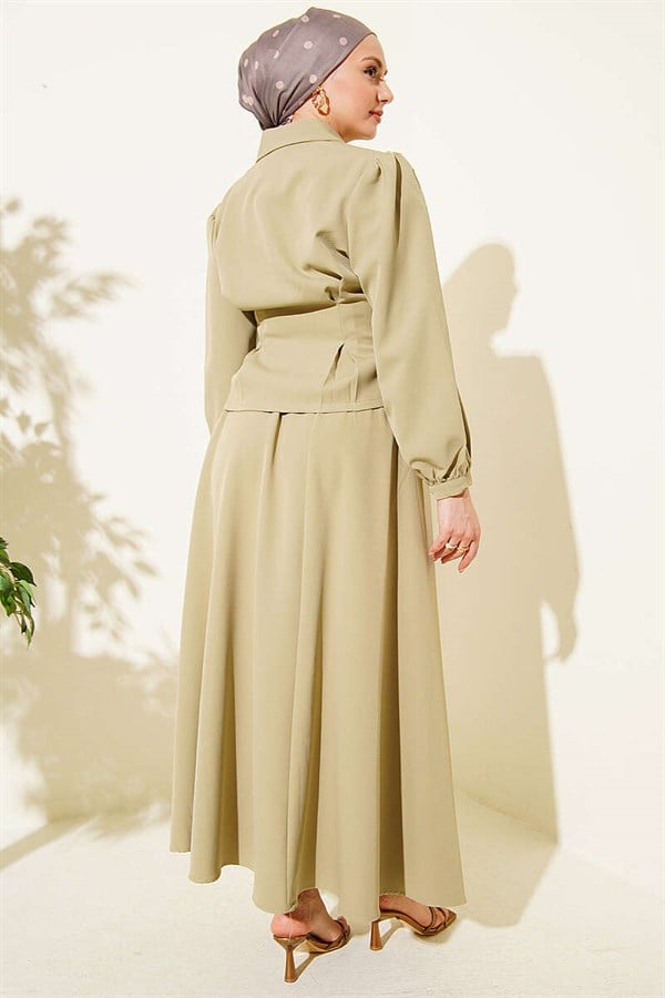 Dart Detail Belted Double Skirt 2 Piece Set in Light Green