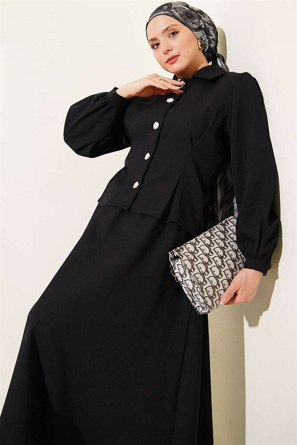 Black Double Skirt 2 Piece Set with Dart Detail and Belt