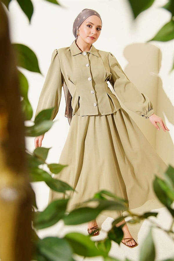 Dart Detail Belted Double Skirt 2 Piece Set in Light Green