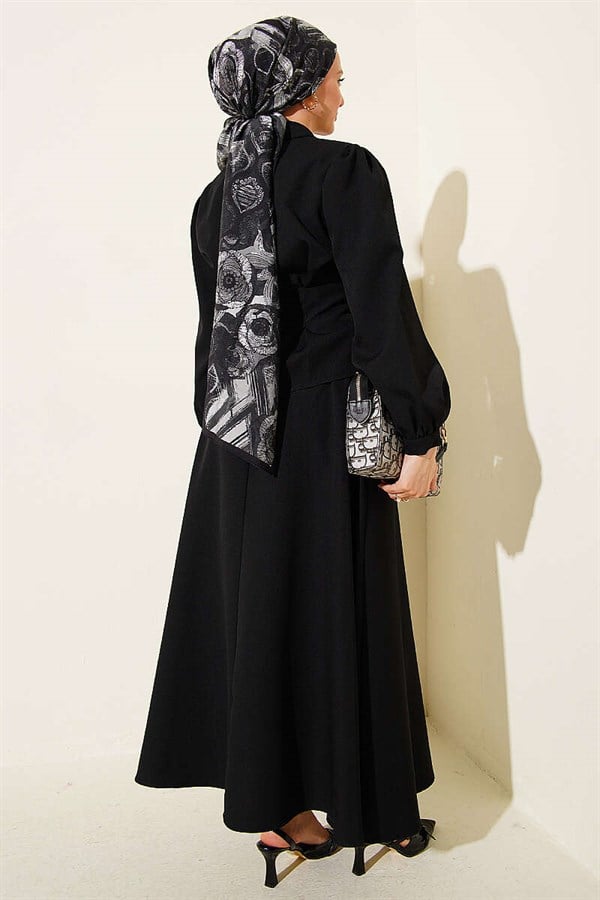 Black Double Skirt 2 Piece Set with Dart Detail and Belt
