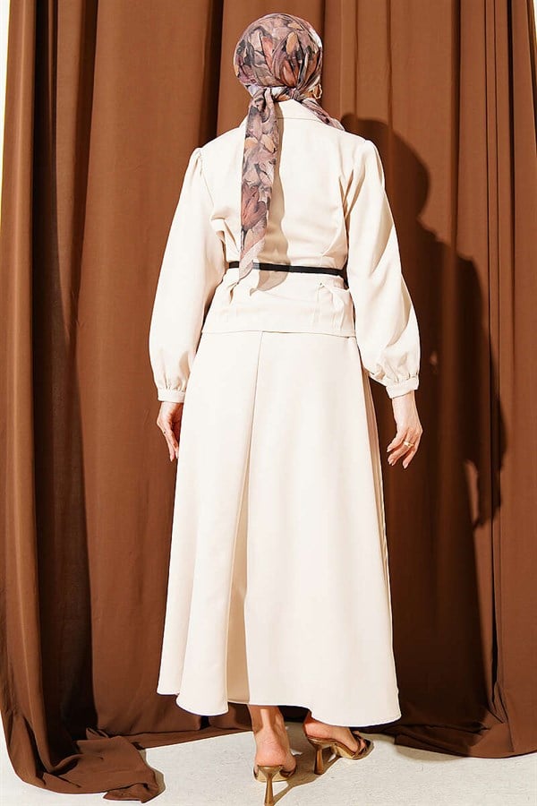 Beige Double Skirt 2 Piece Set with Dart Detail and Belt