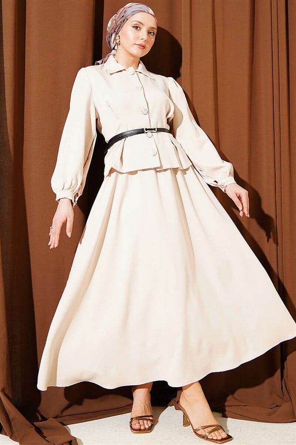 Beige Double Skirt 2 Piece Set with Dart Detail and Belt