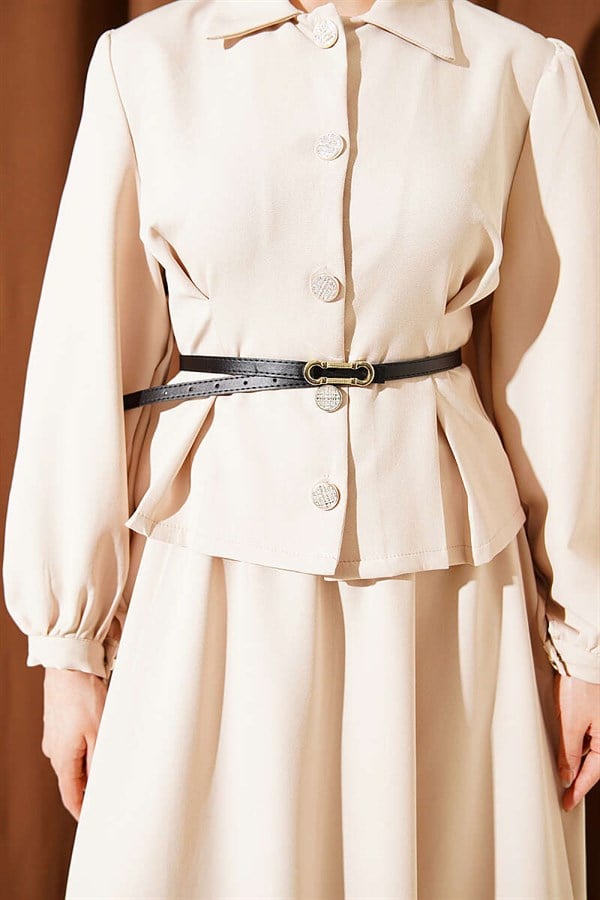 Beige Double Skirt 2 Piece Set with Dart Detail and Belt