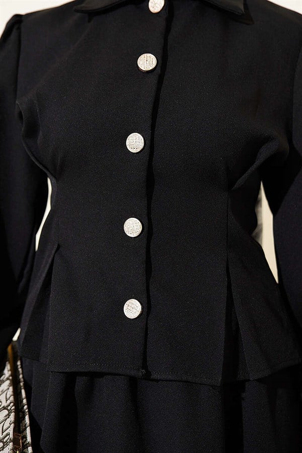 Black Double Skirt 2 Piece Set with Dart Detail and Belt