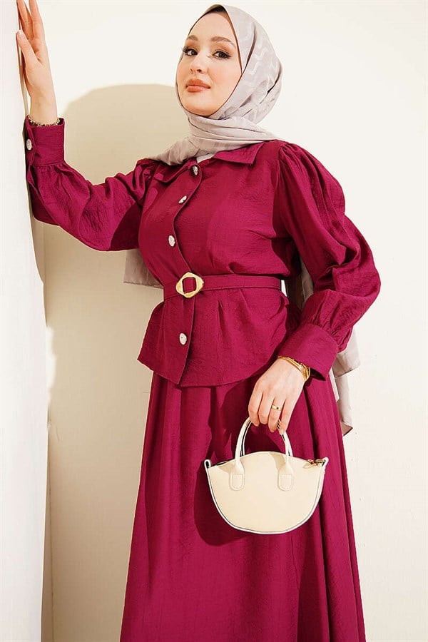 Dart Detail Belted Skirt 2 Piece Set in Burgundy