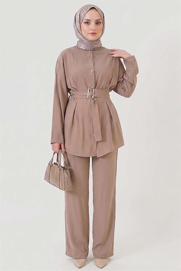 Beige 2 Piece Set with Detailed Belt and Pens