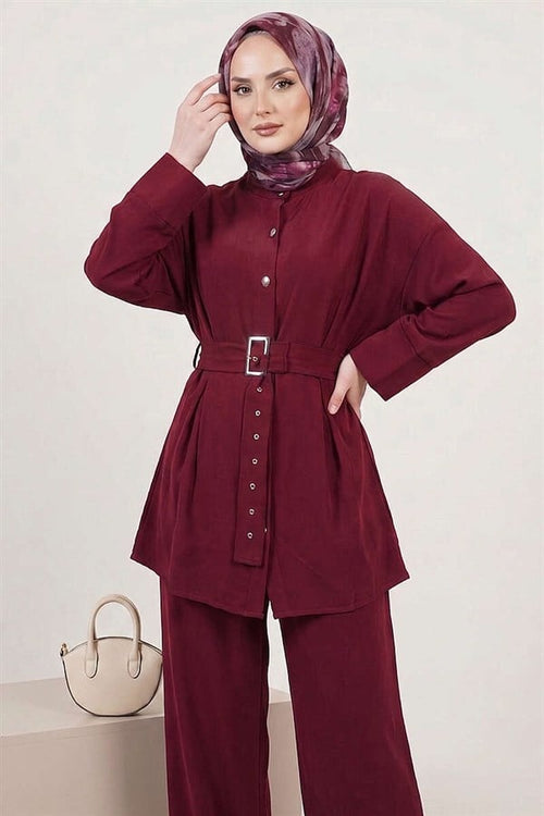 2 Piece Set with Detailed Belt, Burgundy