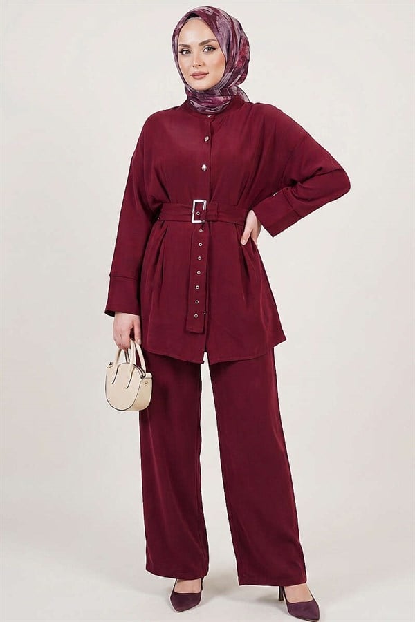 2 Piece Set with Detailed Belt, Burgundy