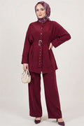 2 Piece Set with Detailed Belt, Burgundy