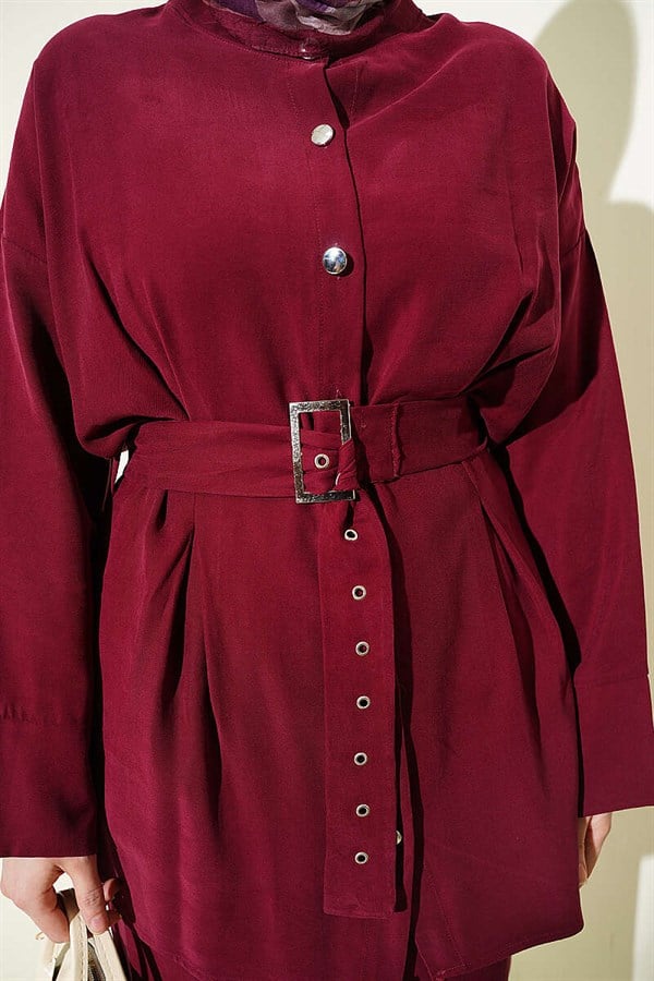 2 Piece Set with Detailed Belt, Burgundy