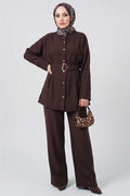 Pens Detail Belted 2 Piece Set, Coffee
