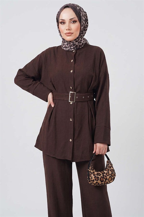 Pens Detail Belted 2 Piece Set, Coffee