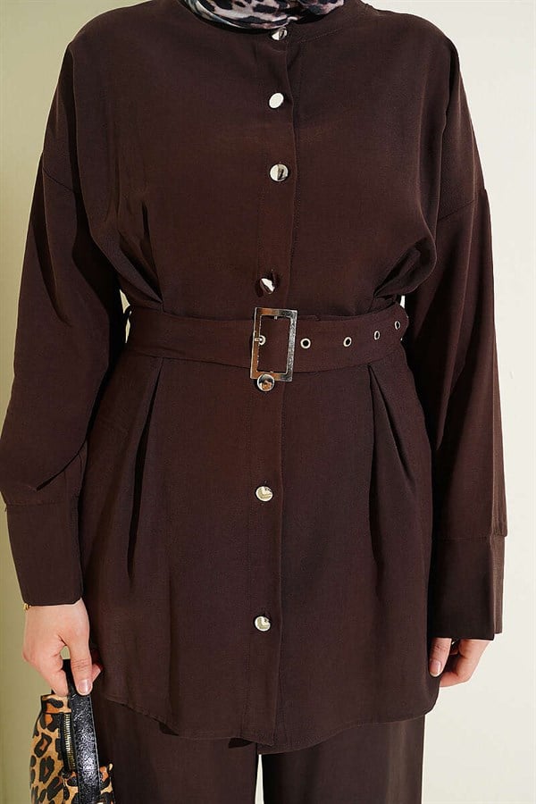 Pens Detail Belted 2 Piece Set, Coffee