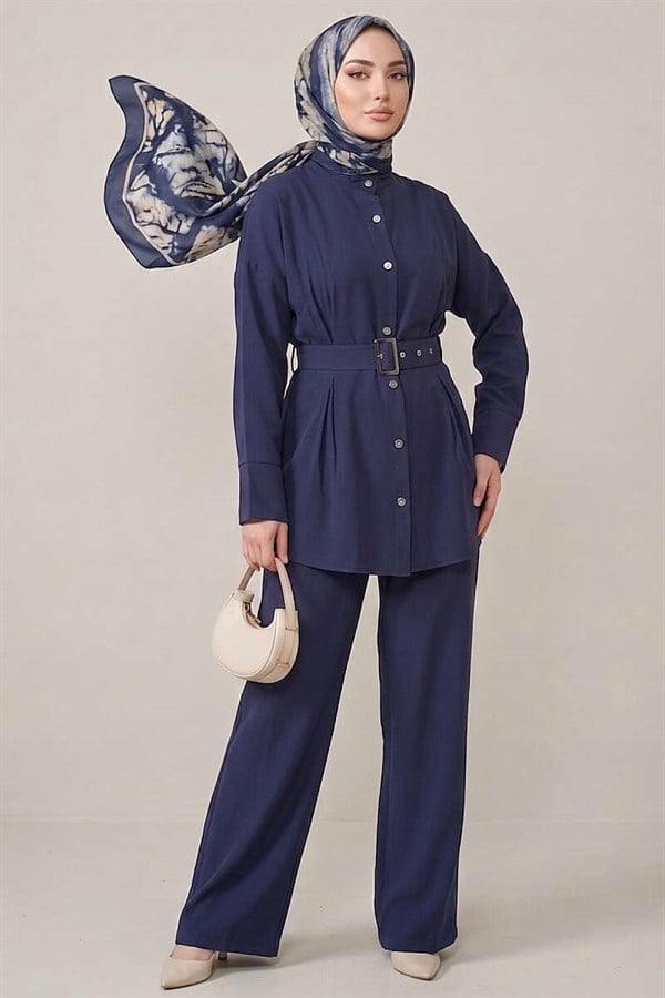 2 Piece Set with Detailed Belt, Navy Blue