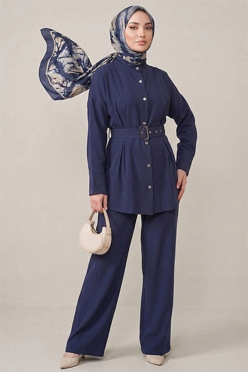 2 Piece Set with Detailed Belt, Navy Blue