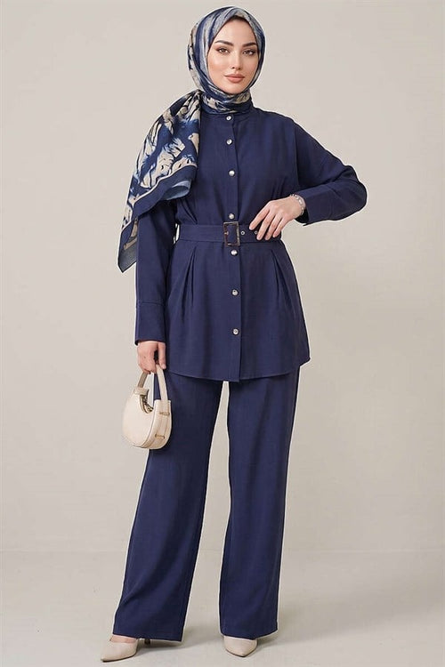 2 Piece Set with Detailed Belt, Navy Blue