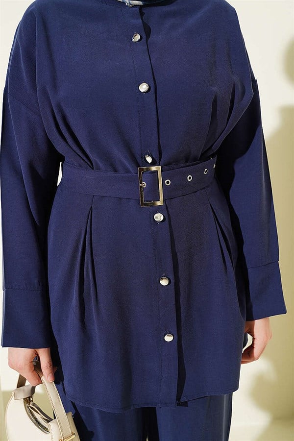 2 Piece Set with Detailed Belt, Navy Blue