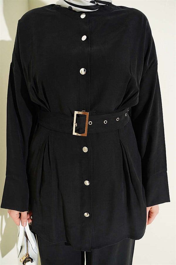 Pens Detail Belted 2 Piece Set, Black