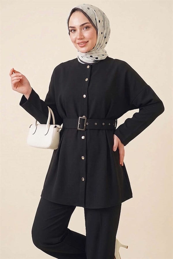 Pens Detail Belted 2 Piece Set, Black