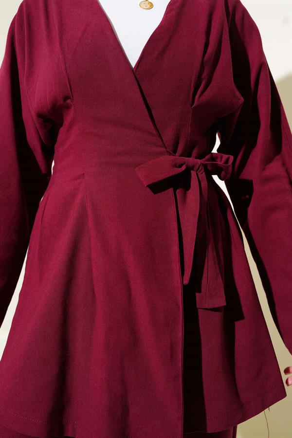 Darted Tied Linen 2 Piece Set Claret Red