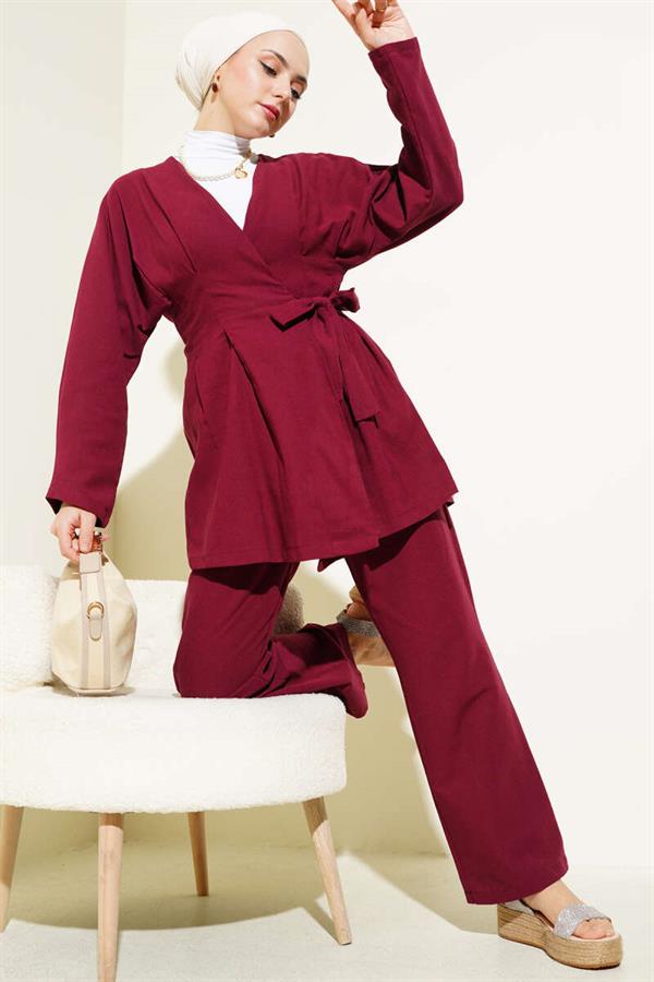 Darted Tied Linen 2 Piece Set Claret Red