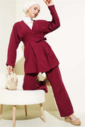 Darted Tied Linen 2 Piece Set Claret Red