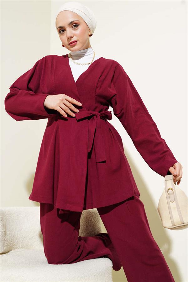 Darted Tied Linen 2 Piece Set Claret Red