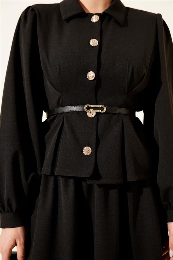 2 Piece Set with darted belt and skirt, black.