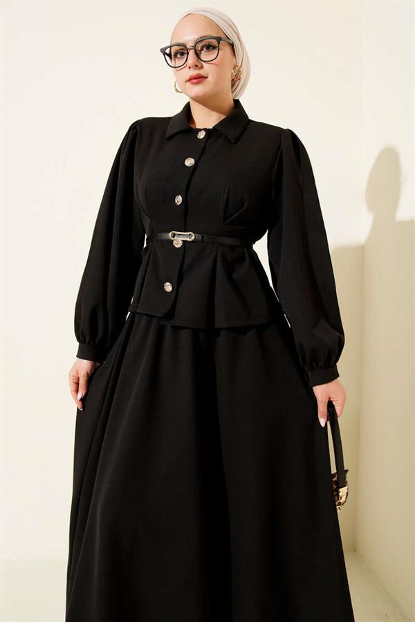 2 Piece Set with darted belt and skirt, black.