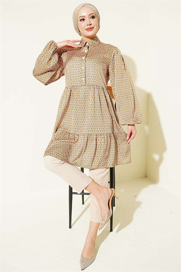 Honeycomb Patterned Satin Tunic, Olive Green