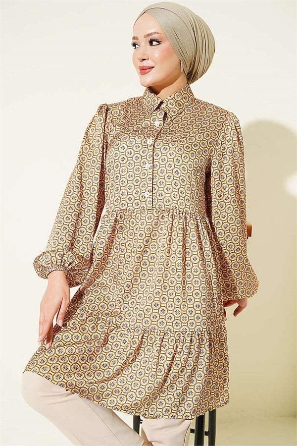 Honeycomb Patterned Satin Tunic, Olive Green