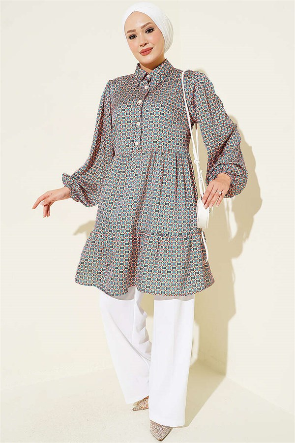 Honeycomb Patterned Satin Tunic Green