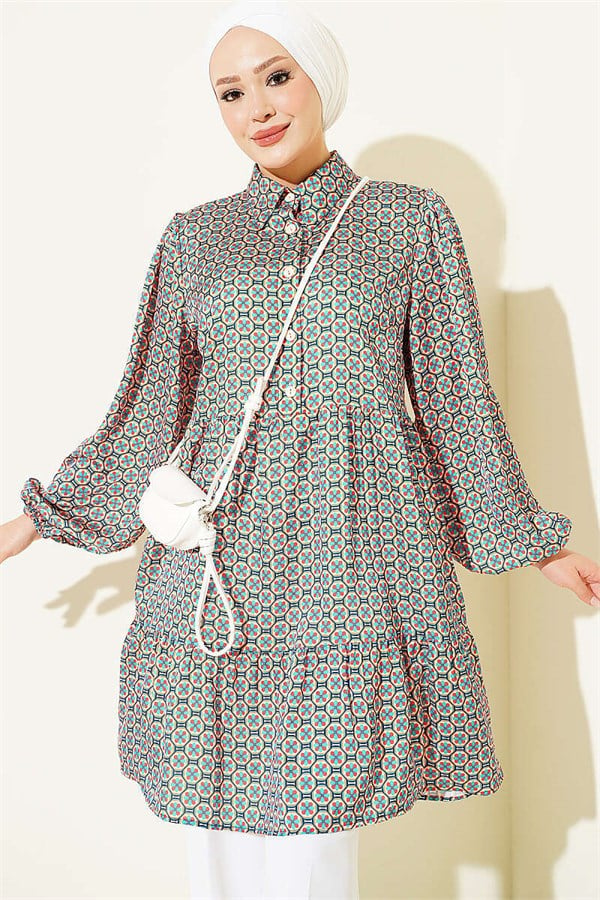 Honeycomb Patterned Satin Tunic Green