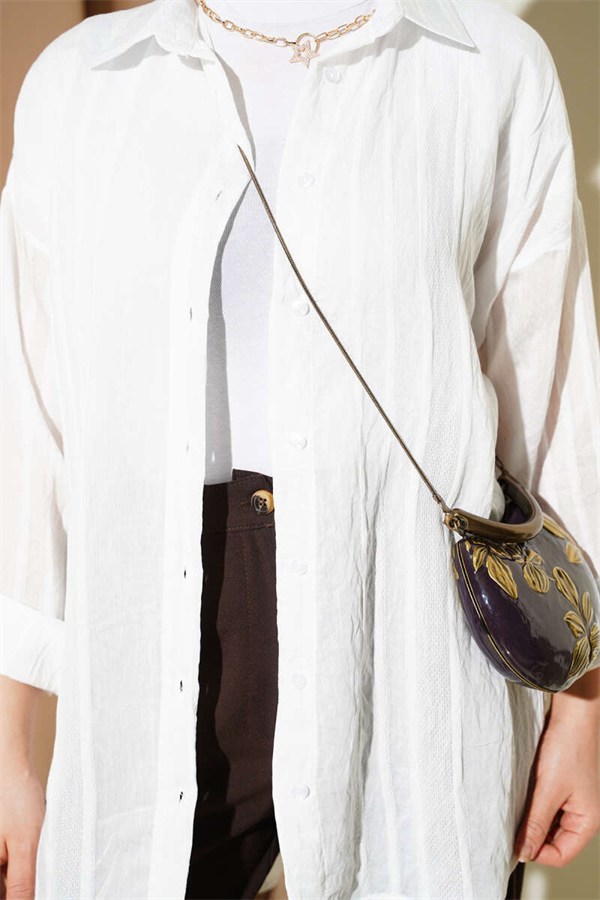 Honeycomb Striped Oversize Shirt, Ecru
