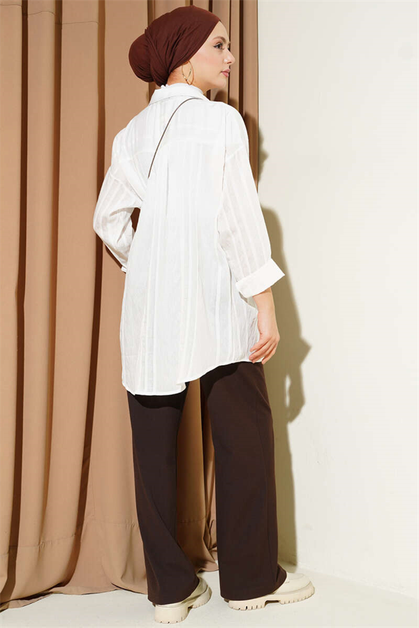 Honeycomb Striped Oversize Shirt, Ecru