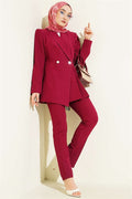 2 Piece Set with pleated detail blazer jacket in burgundy.