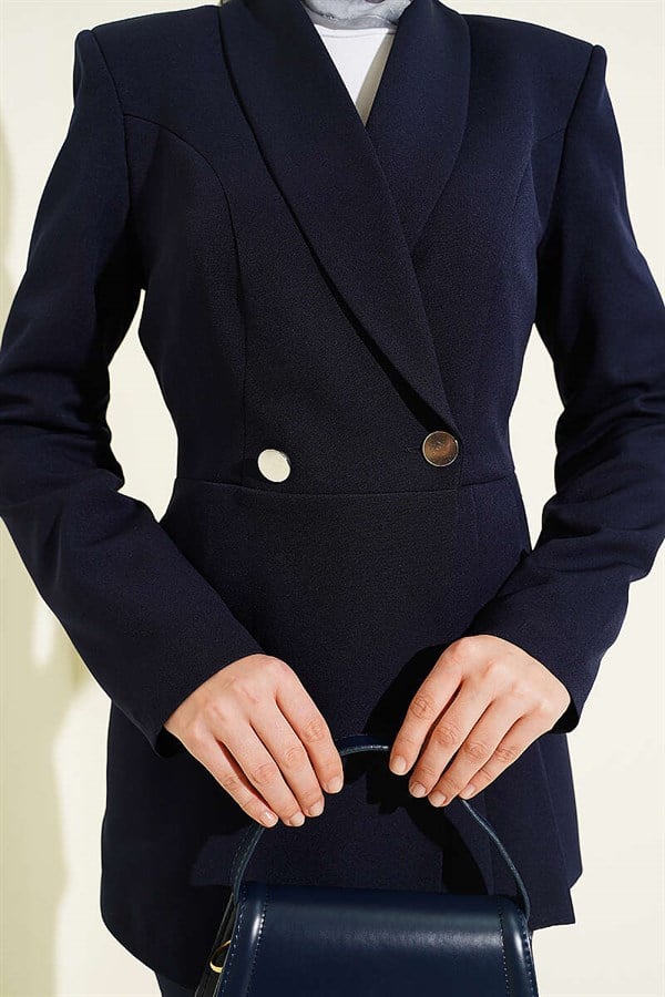 2 Piece Set with pleated blazer jacket, navy blue.
