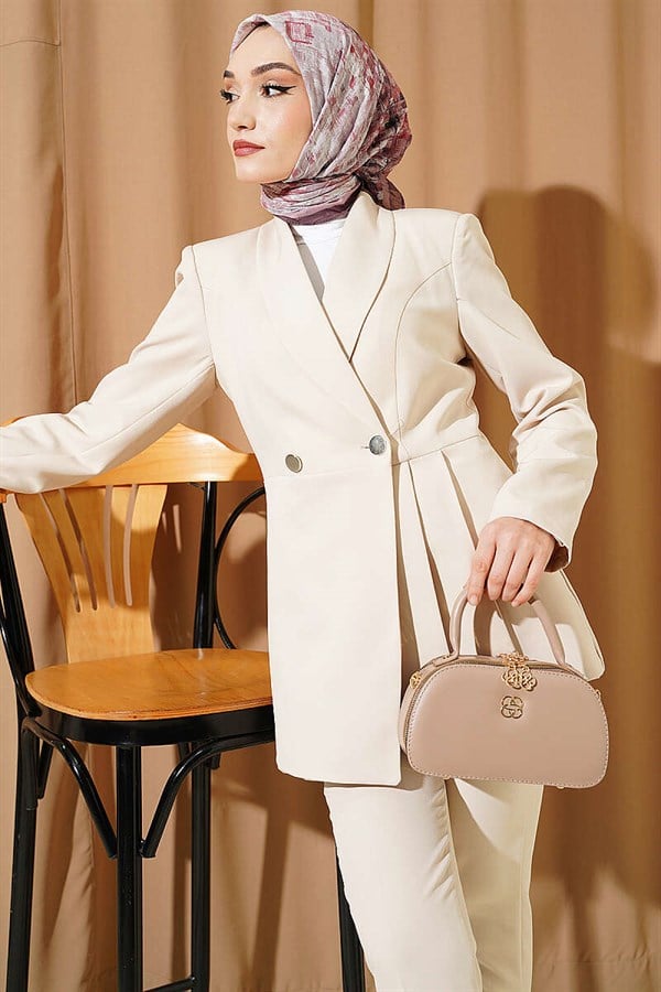 Beige 2 Piece Set with Pleated Blazer Jacket