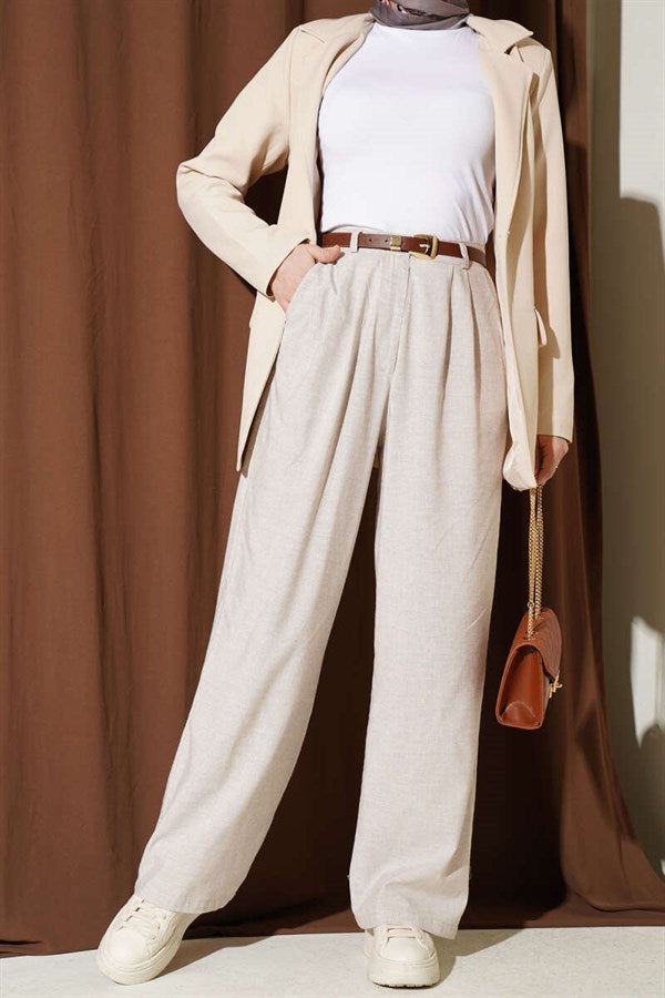 Pleated Detail Wide Leg Trousers with Pockets, Beige
